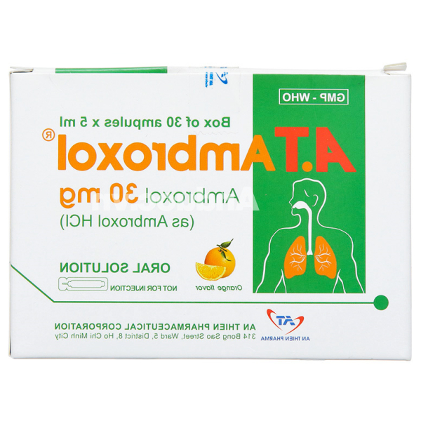 Dung dịch uống A.T Ambroxol 30mg/5ml tan đàm trong bệnh lý hô hấp (30 ống x 5ml)