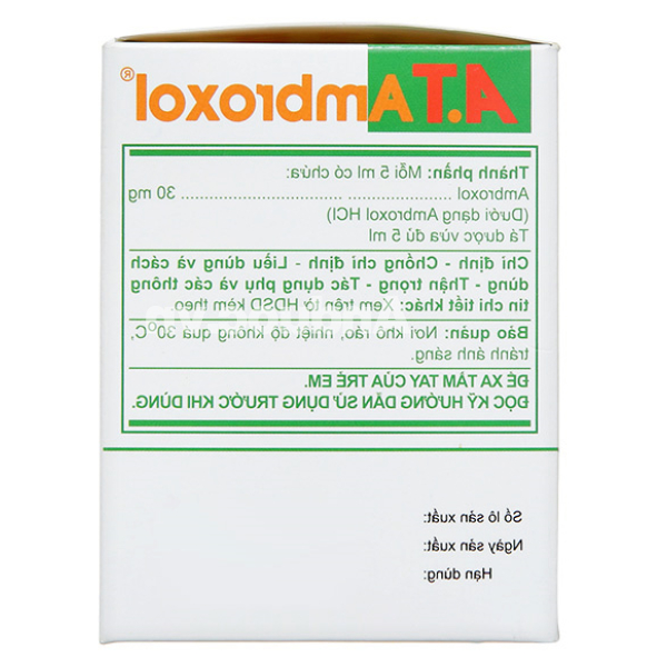 Dung dịch uống A.T Ambroxol 30mg/5ml tan đàm trong bệnh lý hô hấp (30 ống x 5ml)