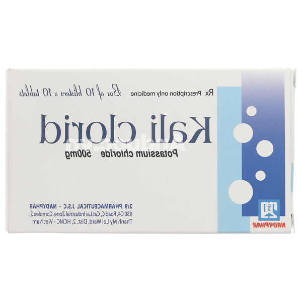 Kali Clorid Nadyphar 500mg phòng và trị triệu chứng giảm kali huyết (10 vỉ x 10 viên)