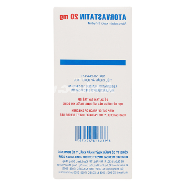 Atorvastatin Domesco 20mg trị tăng cholesterol máu (2 vỉ x 10 viên)