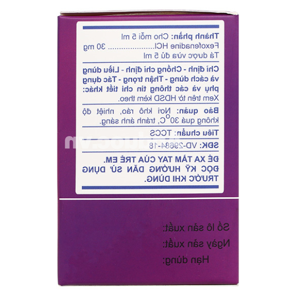 Hỗn dịch uống A.T Fexofenadin 30mg/5ml trị viêm mũi dị ứng, mày đay (30 gói x 5ml)